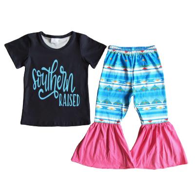 China cotton & Black T-shirt Monogrammed Blue Spandex Summer Autumn Girl Clothing and Blue Rosette Patchwork Flared Trousers Kids Clothing for sale