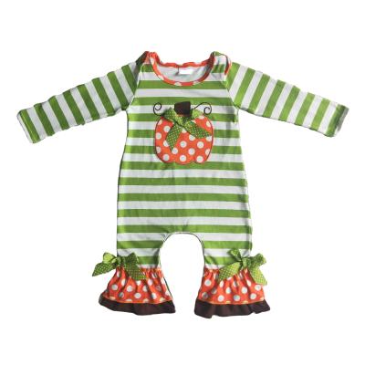 China Baby Romper Autumn Winter Kids Clothing Pumpkin Embroidered Printed Rompers Long Sleeve Green and White Striped Jumpsuit Girl's Clothes for sale