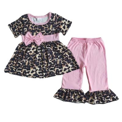 China cotton & Spandex Summer Autumn Girl Clothes Leopard Print Pink Bow Print And Pink Pants Suit Children Clothing for sale