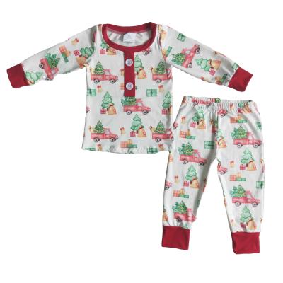 China Cotton/Spandex Winter Kids Apparel Christmas Tree Print Red Cuff Long Sleeved Pants Pajamas Set Unisex for sale