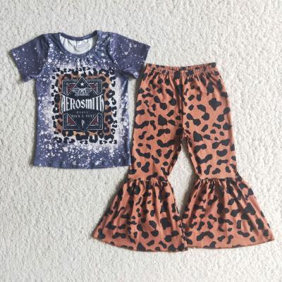 China Autumn Kids Clothing Smith Flying Boat Silk Printing Milk Summer T-shirt Brown Leopard Print Flares Girl's Clothes for sale