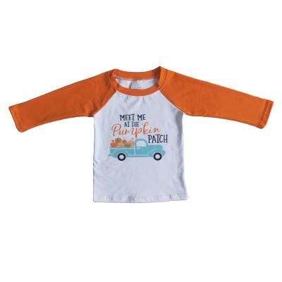 China silk/cotton milk & Autumn Winter Boys Girls Pumpkin Trucker Print Patchwork Long Sleeve Spandex Kids Orange Top Children Clothing for sale