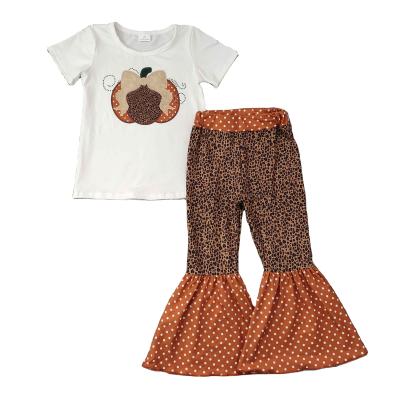 China Milk Spring/Autumn Babies Boutique Silk Bell-bottom Pants 2 Piece Short Sleeve Shirt Leopard Polka Pumpkin Set for sale