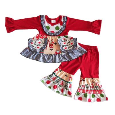 China Comfotable Red Christmas Long Sleeve Pouch Ruffles Bell-Bottom Pants MOQ Child No Fits Baby Clothing Children Sets Toddler Clothes for sale