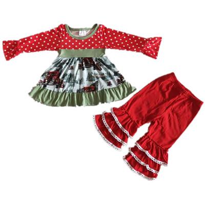 China Comfotable Autumn Christmas Red Green Car Pattern Round Neck Collection Long Sleeve Lace Flared Pants Set Toddler Outfits for sale