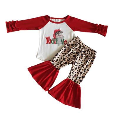 China Eco-Friendly Boutique Red Santa Claus Pattern Long Sleeve Leopard Raglan Sleeve Striped Flared Pants Babies Kids Outfits for sale