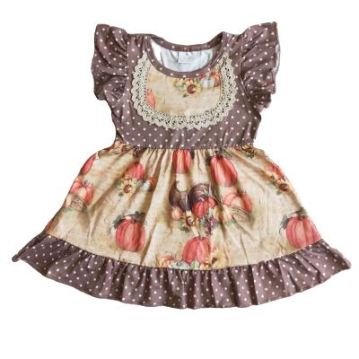 China Comfortable Breathble Brown Ruffles Lace Up Short Sleeve Dress Summer Kids Clothes Cute Style Pumpkin Pattern Baby Girl Toddler Dress for sale