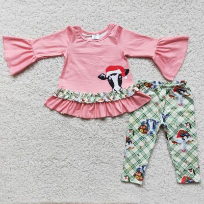 China Sweet red pink cow girl ruffles long sleeves leggings RTS high quality NO MOQ boys kids clothes children's clothing for sale