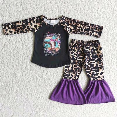 China Wholesale Purple Leopard Bell Bottom Long Sleeve Cow Casual Outfits RTS NO MOQ Girls Kids Clothes Kids Clothing for sale