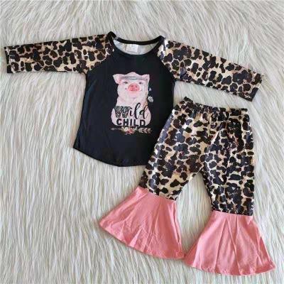 China Wholesale Long Sleeves Hog Match Pink Leopard Bell Bottom Bell Bottom Casual Outfits RTS NO MOQ Girls Kids Clothes Children Clothing for sale