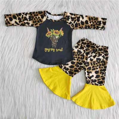 China Wholesale Cow Casual Long Sleeve Leopard Bell Bottom Yellow Outfits RTS NO MOQ Girls Kids Clothes Kids Clothing for sale