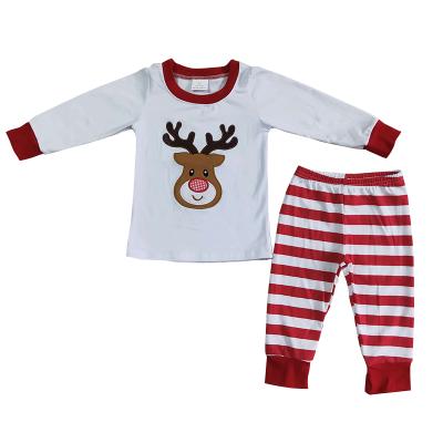 China Christmas formal pajamas white short sleeve with embroidery deer long pants with red stripe two piece boutique for wholesale for sale