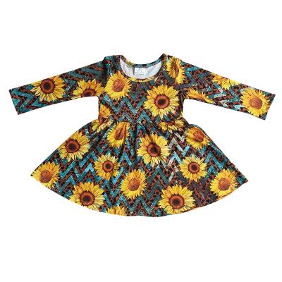 China Wholesale plus size baby girl dress with sunflower leopard design baby long sleeve dress boutique dress for kids girl for sale