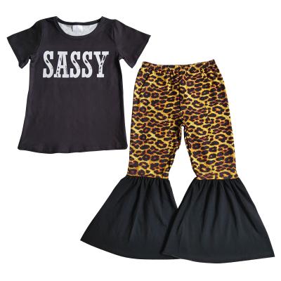 China New Design Formal Black Shirt Short Sleeve With Sassy Letters Sets Leopard Print Pants With Lace Summer Two Piece Set Kids Fashion Sets for sale