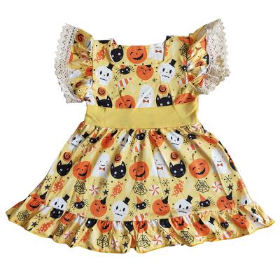 China Wholesale plus size baby yellow dress sleeveless dress with pumpkin spider web design baby dress for teen girls for sale