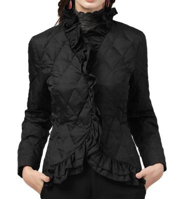 China Sustainable Womens Short Winter Jacket Recycled Lightweight Polyester Padded Jacket With Ruffles for sale