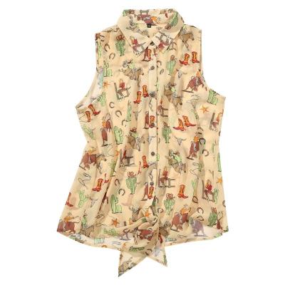 China Recycled Plastic Women Buttoned Chiffon Tank Shirt Rpet Stand Collar Shirt Anti-Shrink Cactus And Sleeveless Boots Printing Western Shirt for sale