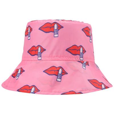 China All Over GRS Rpet Fashionable Bucket Hat Pink Lipstick Printed Polyester Recycled Hat For Women Recycle Hat Custom Made for sale