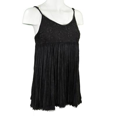 China Garment Washed Black Garment Dyed Fringe Camisole Lace V-Neck Spaghetti Top With All Around Body Tassels Fit All Lace Top For All Seasons for sale