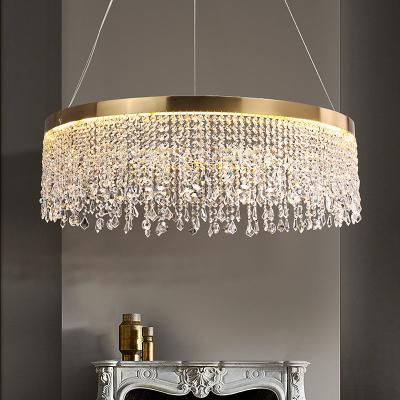 China Contemporary Luxury Living Room Round Nordic Iron K9 Crystal Large Hotel Gold Pendant Light Chandelier for sale