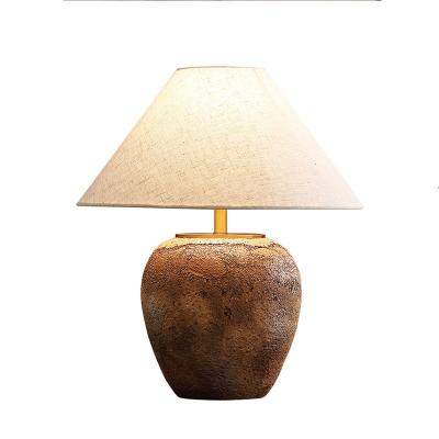 China Retro Wabi Style Table Lamp With Beige Fabric Shade Around Ceramic Nightstand Lamps Bedroom Table Lamp for sale