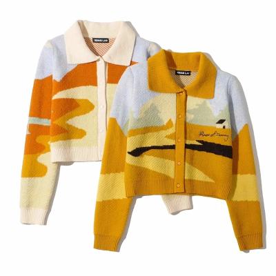 China Custom New China Designer Anti-wrinkle Multi Color Pattern Jacquard Cardigan Ladies Harajuku Knitted Sweater for sale