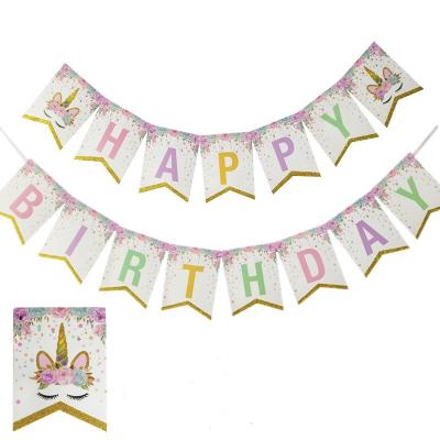 China Decorative Paper Banner Paper Party Glittering Unicorn Design Happy Birthday Party Garland for sale