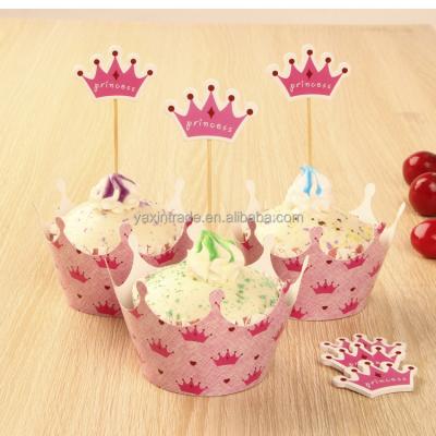 China Festival Pink Princess Crown Cake Toppers Picks Baby Party Birthday Decorations Supplies Baby Shower Cupcake Wrappers for sale