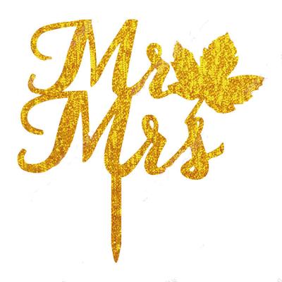 China Mr. Mrs. Glitter Acrylic Wedding Cake Topper with Leaves for sale