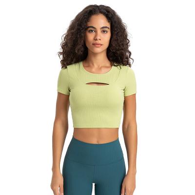 China 2023 Breathable Short Sleeve Hollow Out Yoga Cropped T-Shirt Ribbed Padded Quick Dry Customized Top Women Sexy Slim Gym Fit Crop Yoga Cropped T-Shirt for sale