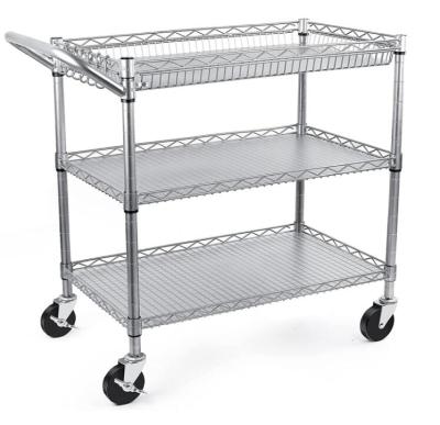 China Modern 35 Inch Stainless Steel Metal 3 Tier Heavy Duty Rolling Hotel Serving Cart With Wire Shelving Liners And Handle Bar for sale