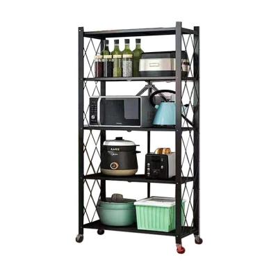 China 5 Layer Living Room Storage Rack Viable Foldable Kitchen Supplies Black Shelf for sale