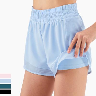 China Summer 2022 Breathable Two Anti Soft Tight Elastic Short Blue Women Training Emptied Mesh Loose Running Gym Layers Workout Shorts for sale