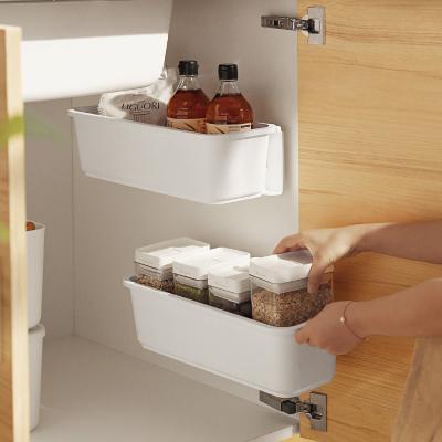 China Plastic Wall Mounted Punch Free Rack Drawer Storage Box Kitchen Push Pull Storage Box Viable Storage for sale