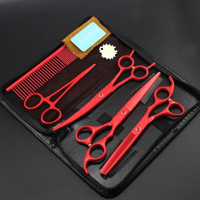 China Thinning Scissors 7 Inch Red Professional Salon Barber Scissors 9CR Stainless Steel Hair Cutter Set for sale