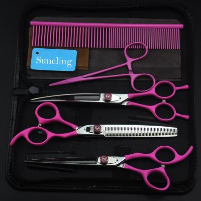 China Thinning Scissors Set Professional 7 Inch Pink Handle Japan 440C Stainless Steel Dog Hair Cutting Scissors Grooming Scissors for sale