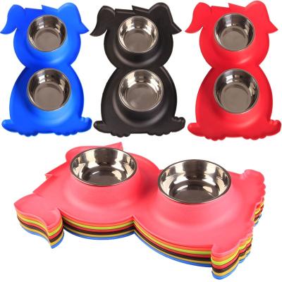 China Sustainable Pet Double Bowl Colors No Slip Eco-friendly Silicone Mat Water Food Feeder Stainless Steel Bowls For Dog And Cat for sale