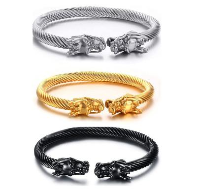 China CLASSIC Jewelry Mens Punk Rock Stainless Steel Screw Twisted Cable Dragon-Themed Viking Cuff Bangle Bracelet for sale