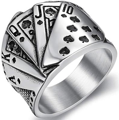 China Hiphop Stainless Steel Texas Poker Games Royal Straight Casino Cocktail Flush Biker Ring Magician Jewelry for sale