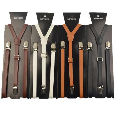 China Men's Convertible 1/2 Inch Back Polyester Y Suspenders Microfiber PU Leather Snap Trigger Suspenders for sale