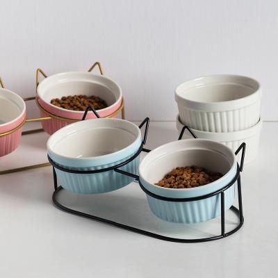 China Factory Direct Sale Non-automatic Double Raised Water Food Ceramic Double Cat Bowl Pet Bowl Feeders With Metal Stand for sale