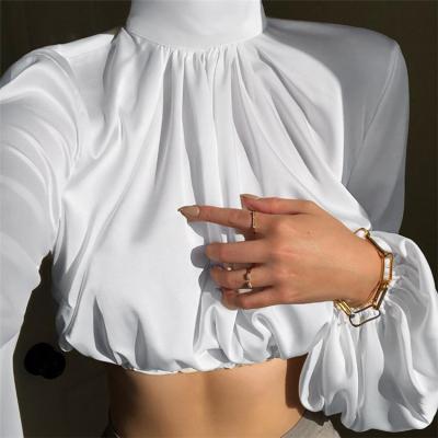 China Y-2480 Anti-wrinkle Anti-wrinkle neck satin cropped top women's solid color temperament lantern sheath sexy short waist thin T-shirt for sale