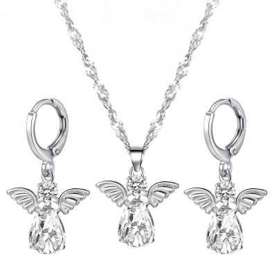 China Trendy Korean Fashion Full Diamond Jewelry Set Women's Super Snap Zircon Angel Earrings Necklace Sets for sale