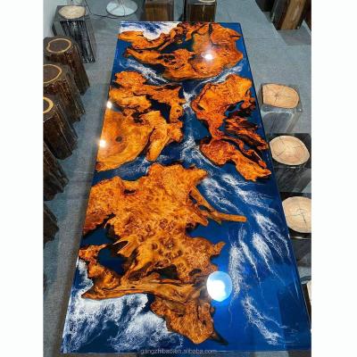 China Wave Extendable Luxury Blue Cafe River Design Dining Table Restaurant Table Resin Epoxy Solid Wood Table for sale