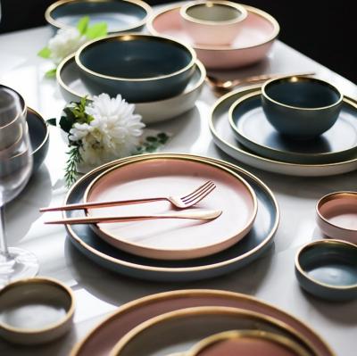 China Sustainable Round Macaron Color Gold Rim Creative Tableware Mexican Ceramic Dinnerware Sets for sale