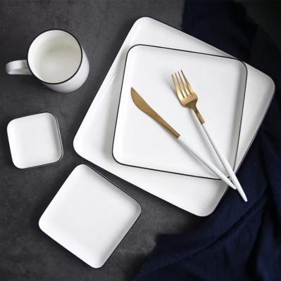 China Sustainable Stoneware White Square Dish Set Ceramic Black Rim Dinnerware Set Ceramic Sushi Dish Dish Set retangular for sale