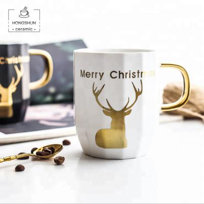 China Sustainable Europe Style Ceramic Elks Mugs Large Capacity Coffee Milk Tea Mug With Lid And Spoon Christmas Gifts for sale