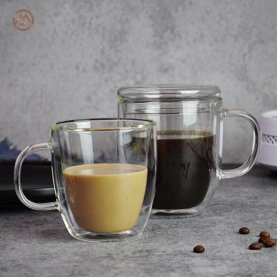 China Office Stored Customized Transparent Heatproof Double Wall Glass Coffee Mug With Handle for sale