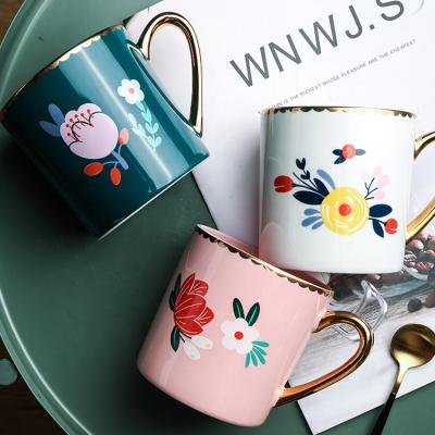 China Viable Flower Cup Gold Milk Office Coffee Mug Korean Hot Selling Home Ceramic Mug for sale