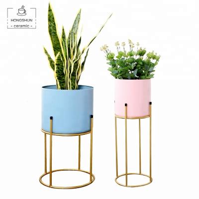 China Wholesale Modern Nordic Simple Colorful Ceramic Flower Pot Plant Stand Frame Iron Metal Rack Table Decorate Home Decor for sale